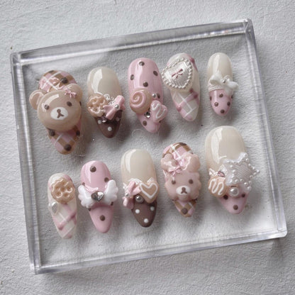 Pink Teddy Bear press-on Nails; Coquette Kawaii Nails.