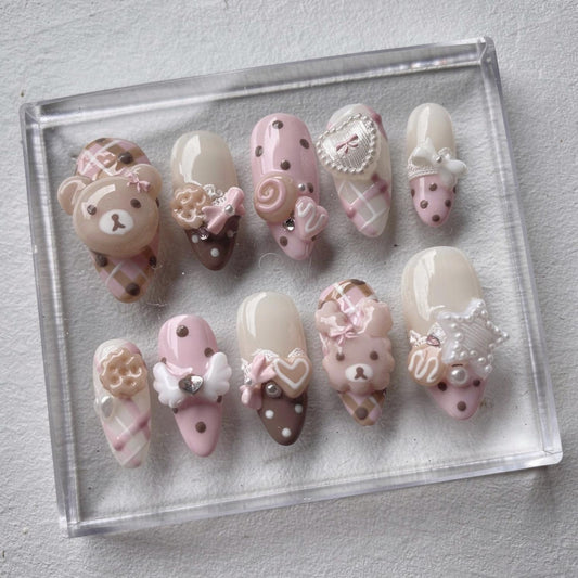 Pink Teddy Bear press-on Nails; Coquette Kawaii Nails.