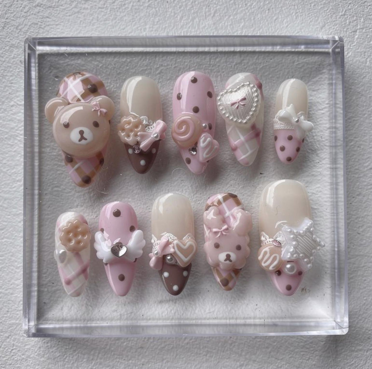 Pink Teddy Bear press-on Nails; Coquette Kawaii Nails.
