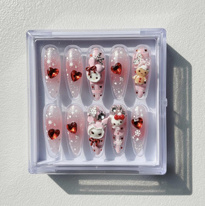 Pink Winter Valentine press-on Nails; Kawaii Heart Nails.