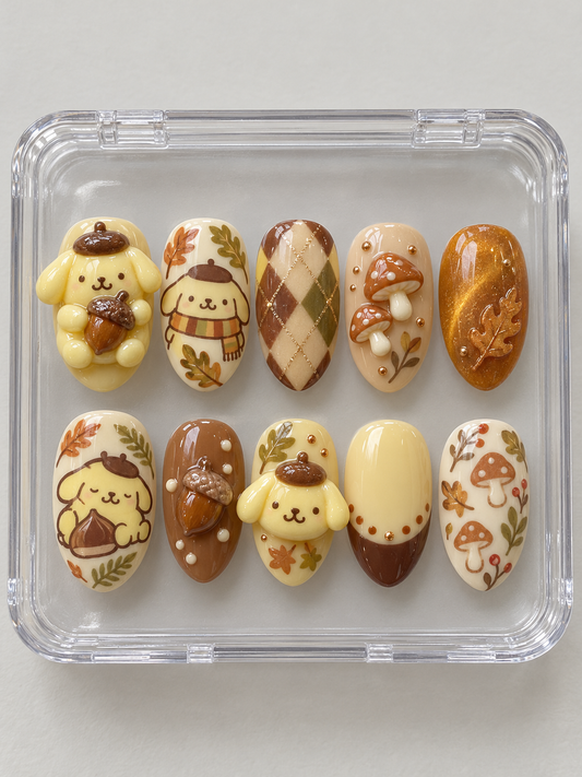 AI design preview: Pompompurin Fall Press-On Nails – Chestnut Woodland; ten nails combining flat 2D character art and sculpted 3D gel details.