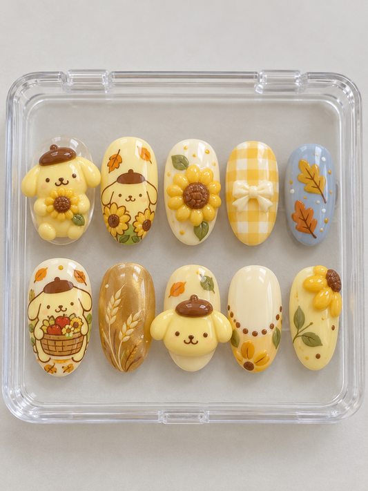 AI design preview: Pompompurin Fall Press-On Nails – Golden Sunflower Fields; ten nails combining flat 2D character art and sculpted 3D gel details.