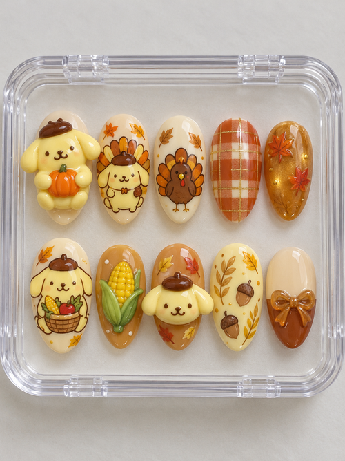 AI design preview: Pompompurin Thanksgiving Press-On Nails – Turkey Harvest Parade; ten nails combining flat 2D character art and sculpted 3D gel details.