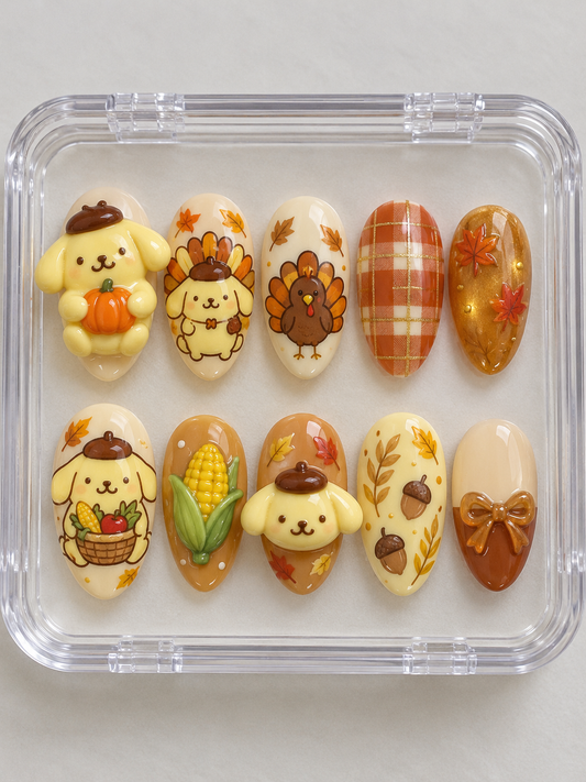 AI design preview: Pompompurin Thanksgiving Press-On Nails – Turkey Harvest Parade; ten nails combining flat 2D character art and sculpted 3D gel details.