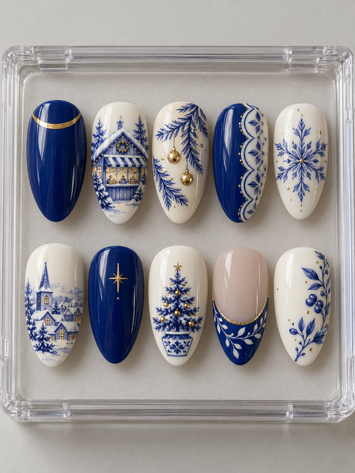 AI design mockup: Ten cobalt-blue and porcelain-white Christmas press-on nails with market chalet, snowy church, Christmas tree, snowflake and blue botanical artwork.