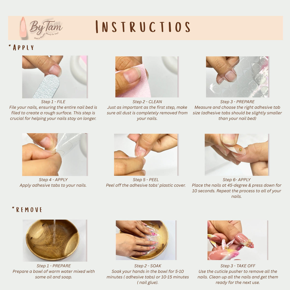 Illustrated press-on nail application and removal instructions.