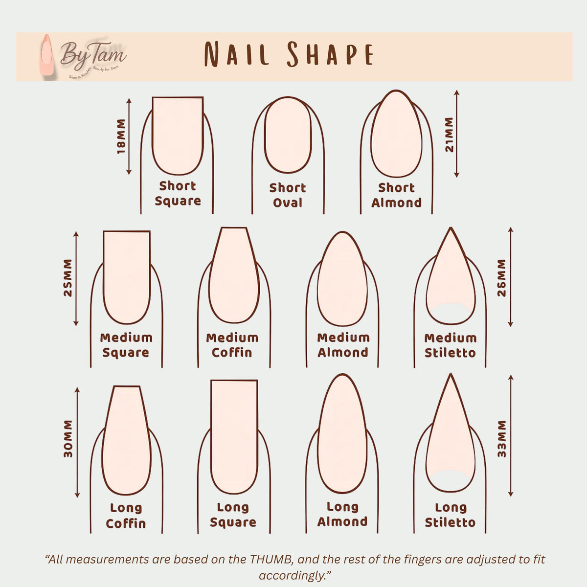 Press-on nail shape and length guide with square, oval, almond, coffin and stiletto styles.