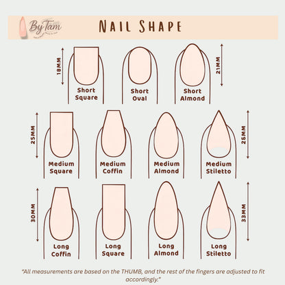Press-on nail shape and length guide with square, oval, almond, coffin and stiletto styles.