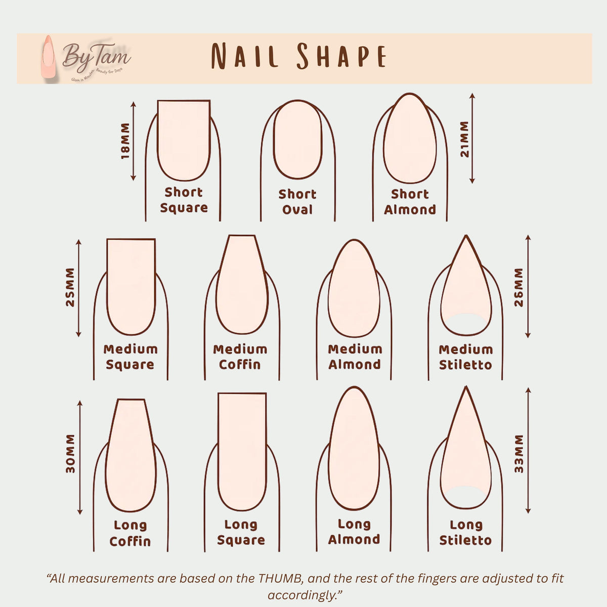 Press-on nail shape and length guide with square, oval, almond, coffin and stiletto styles.