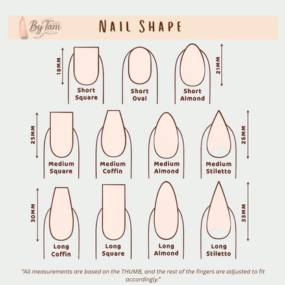 Press-on nail shape and length guide with square, oval, almond, coffin and stiletto styles.