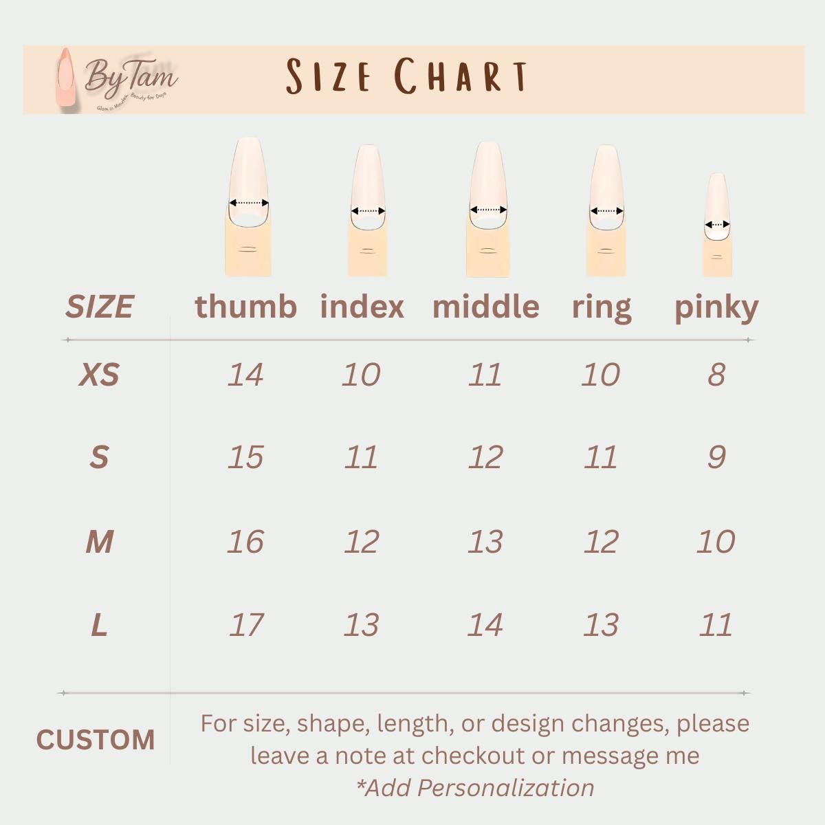 Press-on nail size chart showing thumb-to-pinky measurements for XS, S, M and L sizes.