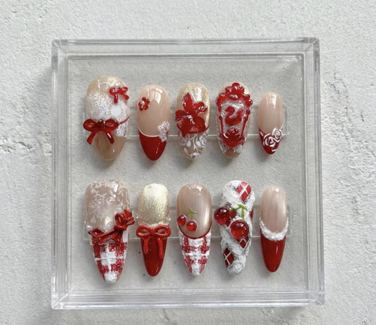 Red Christmas Bow press-on Nails; Vintage Holiday Plaid And Lace.