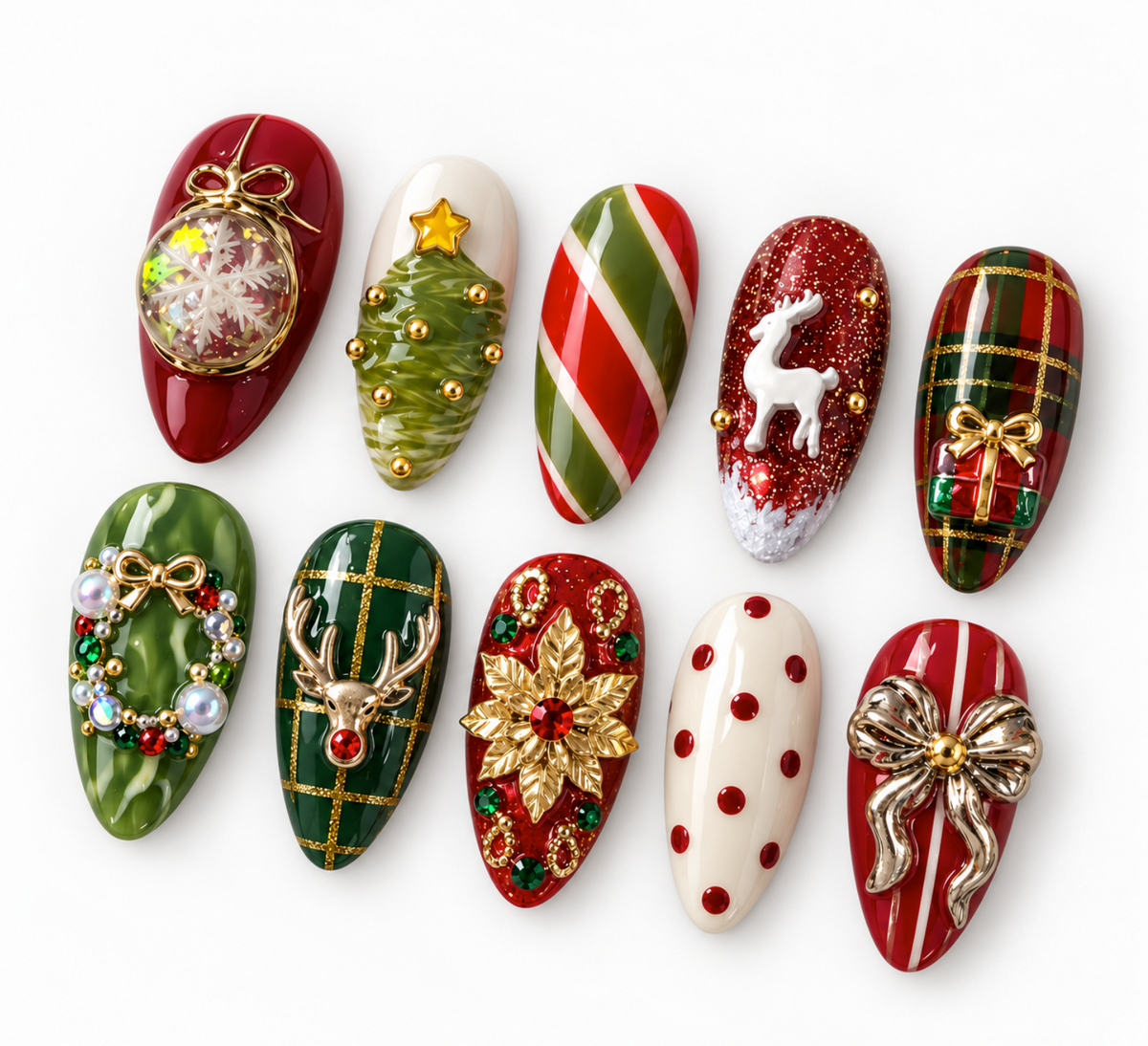 Red and Green Holiday press-on Nails; 3D Gold Bows, Reindeer and Jeweled Wreath Nail Art.