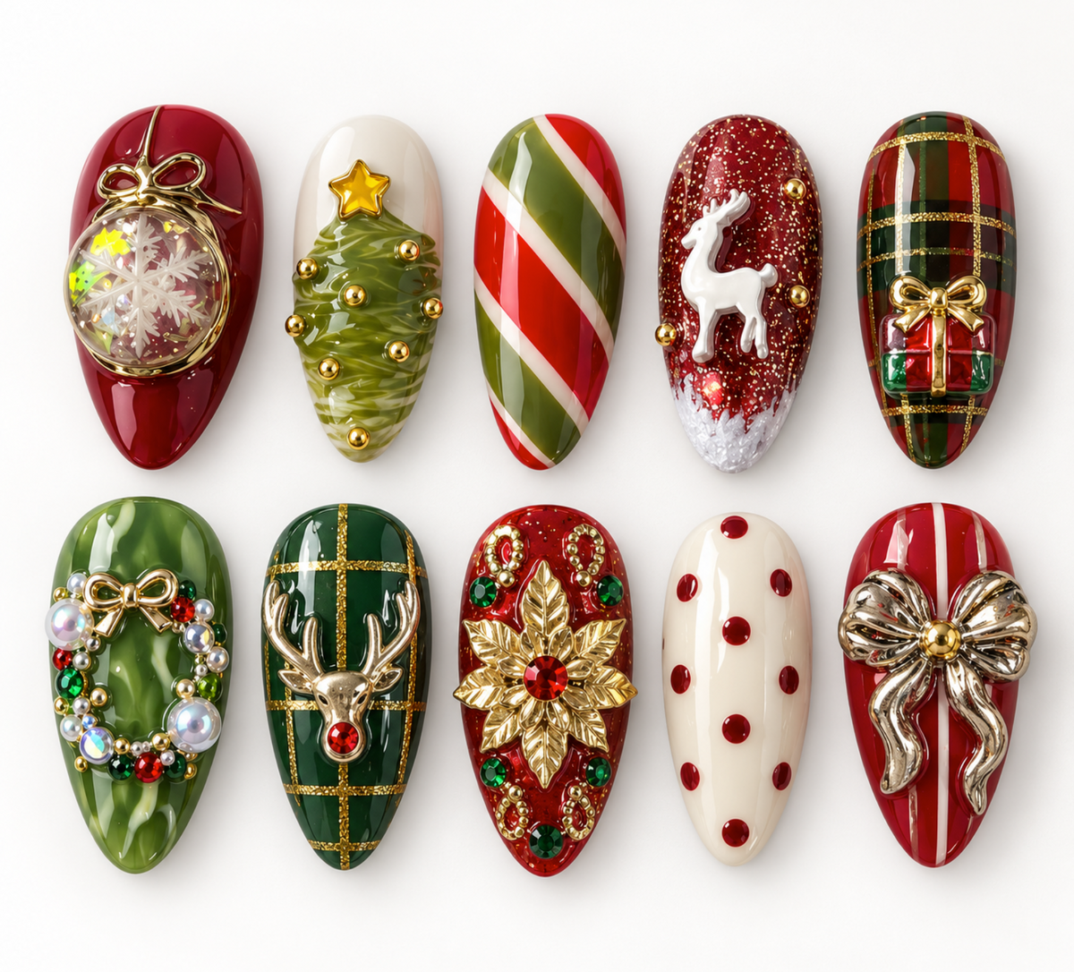 Red and Green Holiday press-on Nails; 3D Gold Bows, Reindeer and Jeweled Wreath Nail Art.