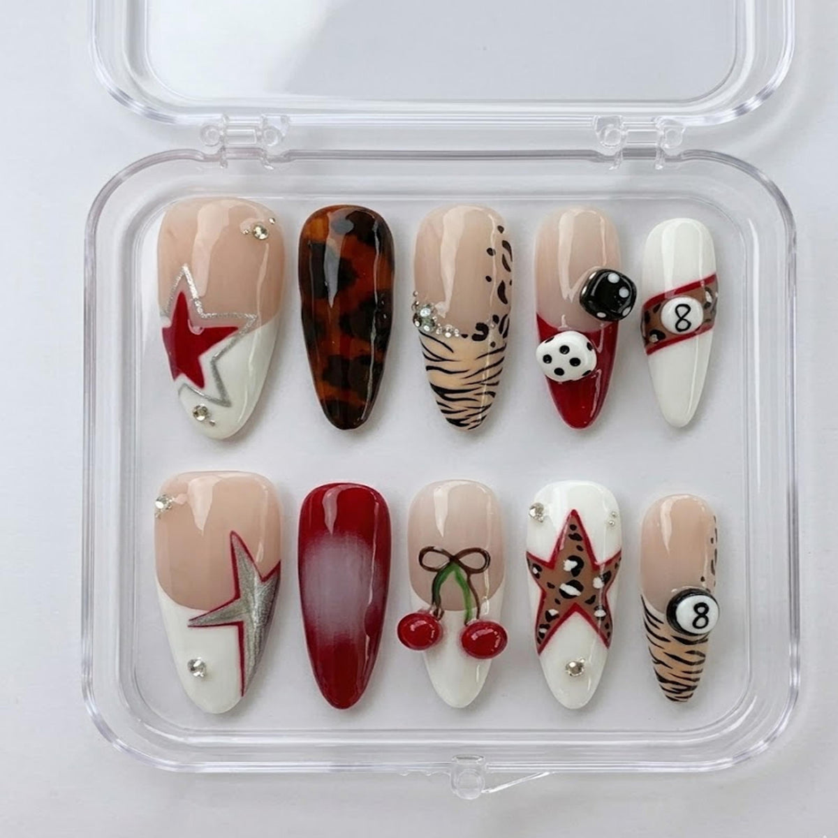 Retro Mixed Design press-on Nails, Cherry Star Nails, Y2K Animal Print Nails, Dice 8 Ball Nails, Trendy Almond Nails.