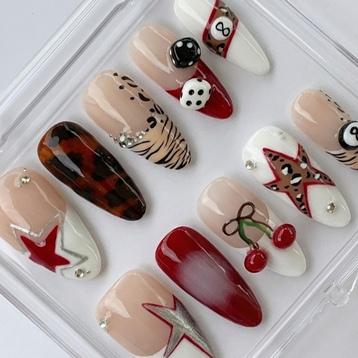Retro Mixed Design press-on Nails, Cherry Star Nails, Y2K Animal Print Nails, Dice 8 Ball Nails, Trendy Almond Nails.