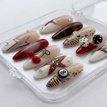 Retro Mixed Design press-on Nails, Cherry Star Nails, Y2K Animal Print Nails, Dice 8 Ball Nails, Trendy Almond Nails.