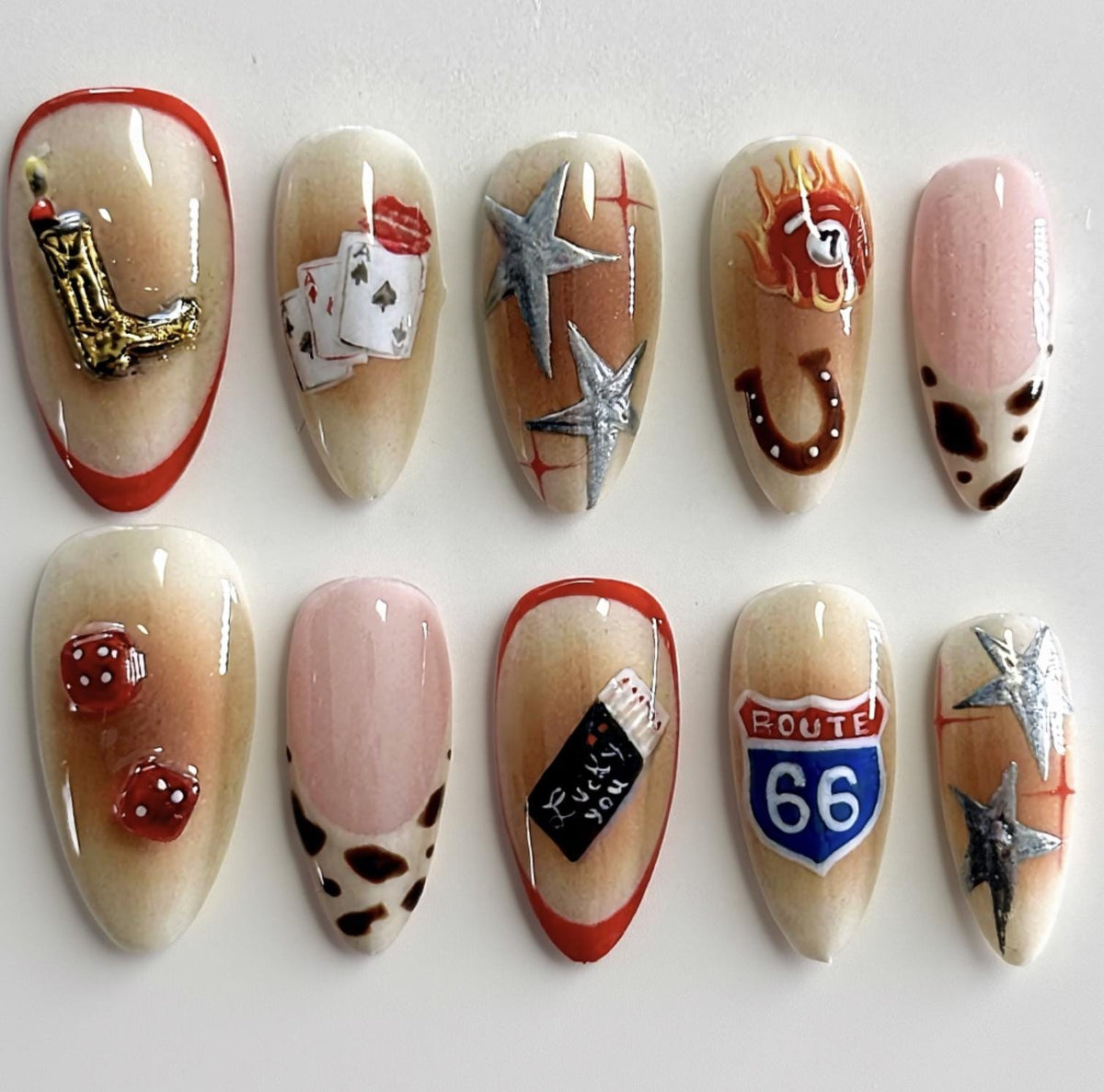 Retro Vegas press-on Nails: Rockabilly Cowgirl Glam Nail Art.