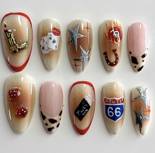 Retro Vegas press-on Nails: Rockabilly Cowgirl Glam Nail Art.