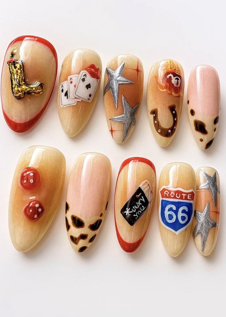 Retro Vegas press-on Nails: Rockabilly Cowgirl Glam Nail Art.