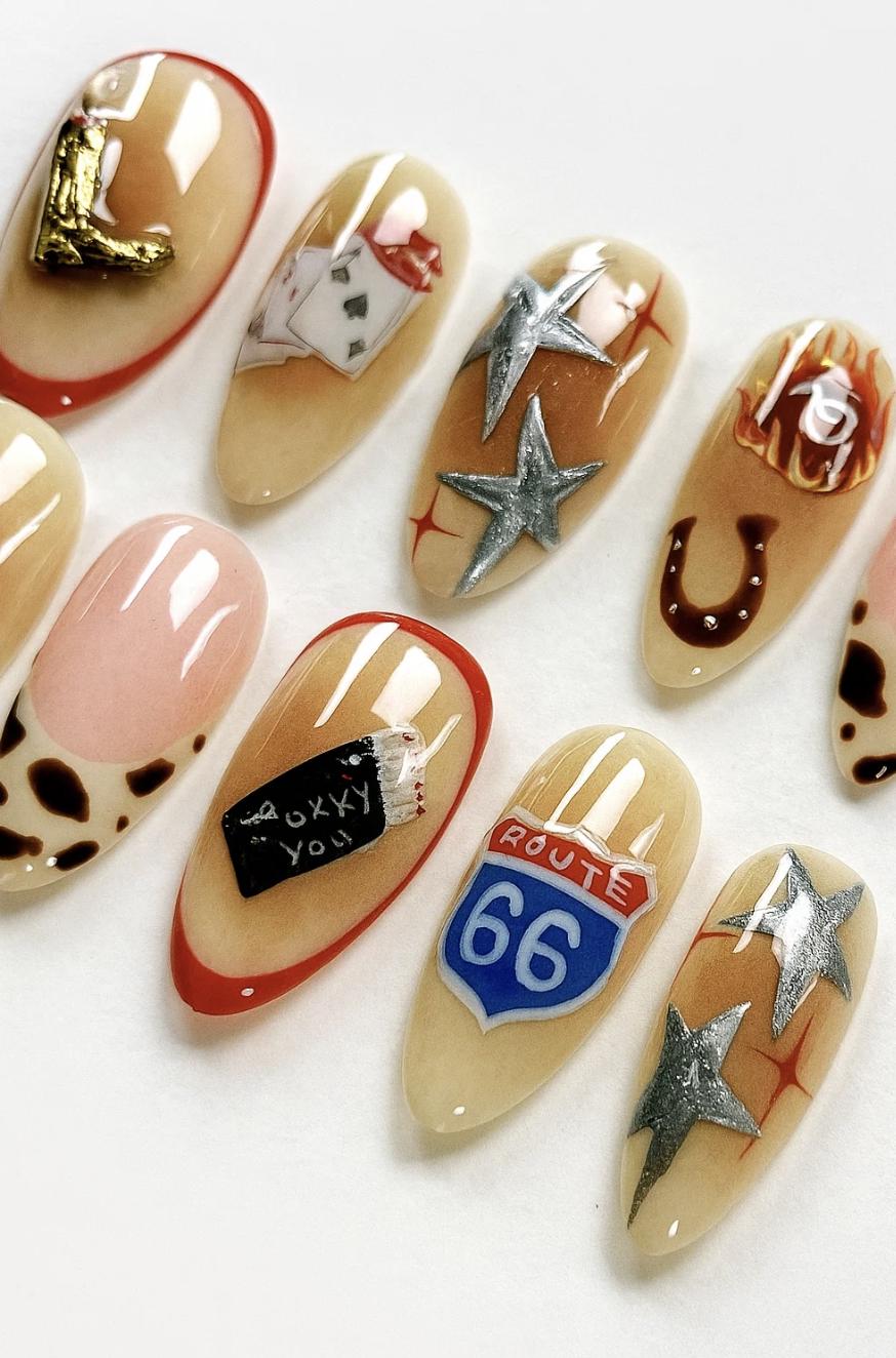 Retro Vegas press-on Nails: Rockabilly Cowgirl Glam Nail Art.