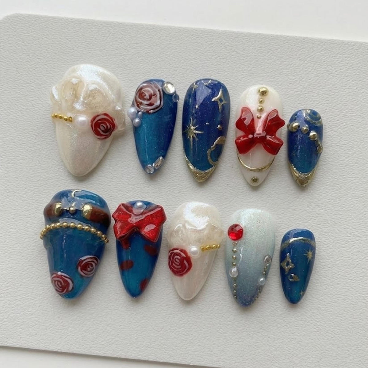 Ritsu Sakuma Inspired press-on Nails; Elegant Blue Gold Nail Set.