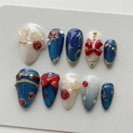 Ritsu Sakuma Inspired press-on Nails; Elegant Blue Gold Nail Set.