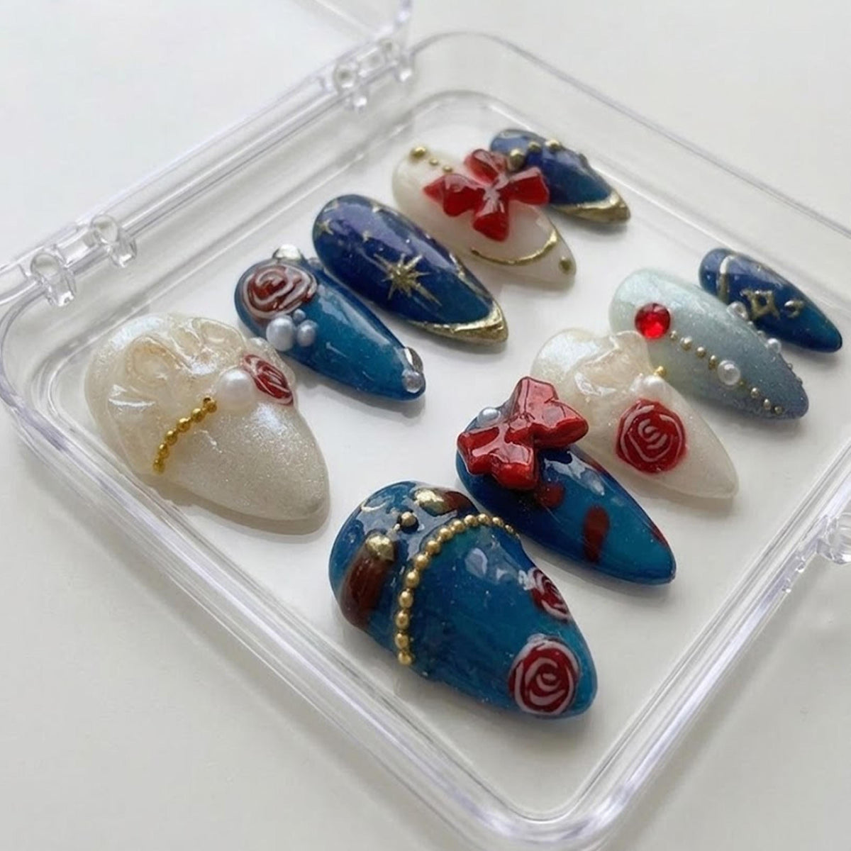 Ritsu Sakuma Inspired press-on Nails; Elegant Blue Gold Nail Set.