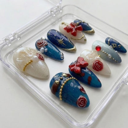 Ritsu Sakuma Inspired press-on Nails; Elegant Blue Gold Nail Set.