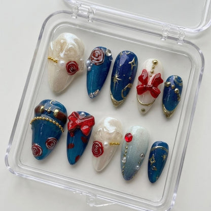 Ritsu Sakuma Inspired press-on Nails; Elegant Blue Gold Nail Set.