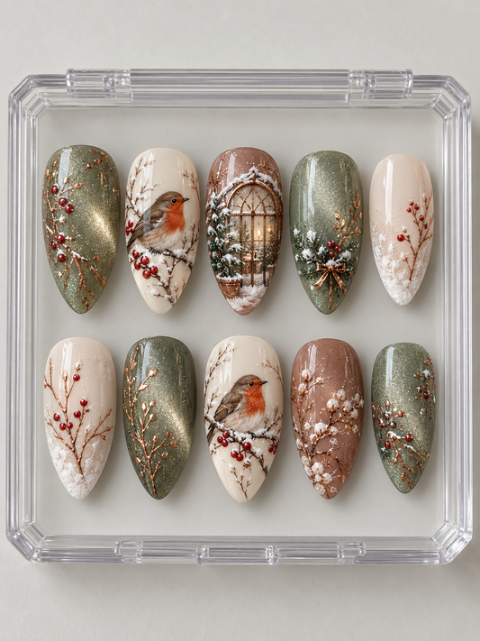 Ten sage, ivory and rose-brown Christmas press-on nails with robin birds, snowy branches, red berries, greenhouse and copper-colour details.