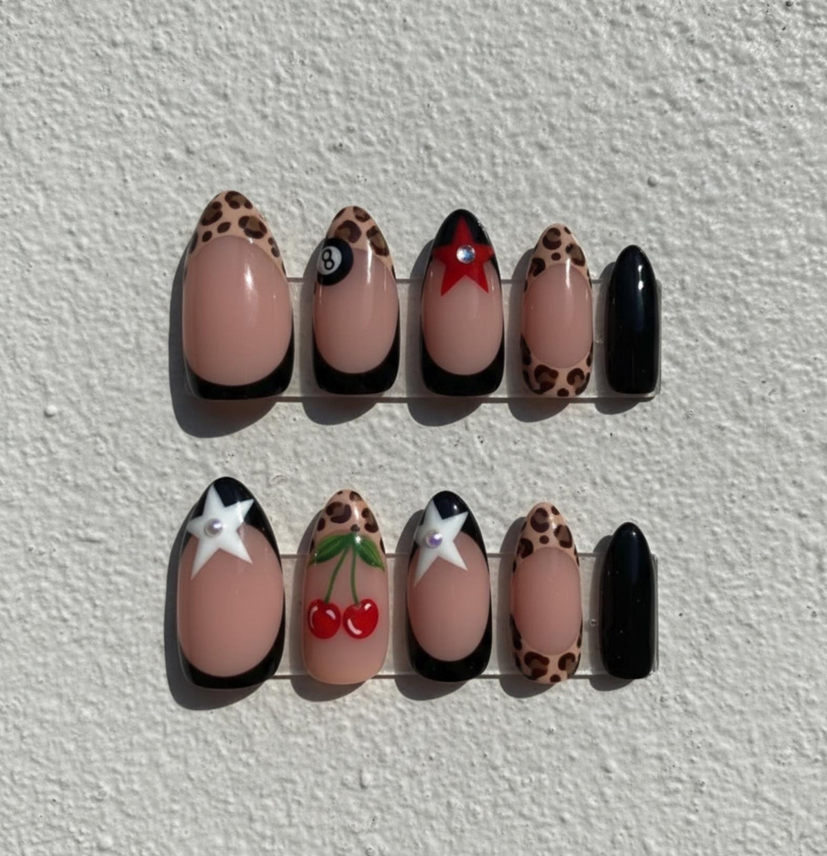 Rockabilly Leopard press-on Nails: Cherry Star and 8-Ball Retro Pin-Up.
