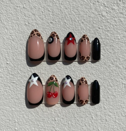 Rockabilly Leopard press-on Nails: Cherry Star and 8-Ball Retro Pin-Up.