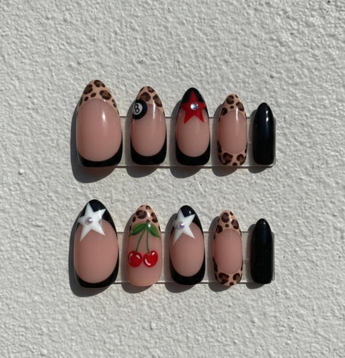 Rockabilly Leopard press-on Nails: Cherry Star and 8-Ball Retro Pin-Up.