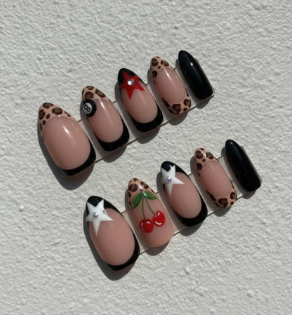 Rockabilly Leopard press-on Nails: Cherry Star and 8-Ball Retro Pin-Up.