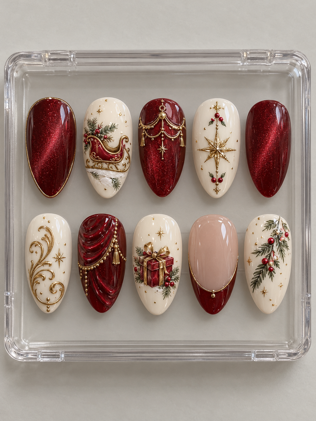 AI design mockup: Ten ruby-red and ivory Christmas press-on nails with a sleigh, curtain-style details, stars, wrapped gift and pine branches.