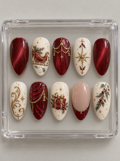 AI design mockup: Ten ruby-red and ivory Christmas press-on nails with a sleigh, curtain-style details, stars, wrapped gift and pine branches.