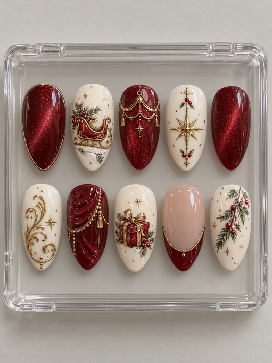 AI design mockup: Ten ruby-red and ivory Christmas press-on nails with a sleigh, curtain-style details, stars, wrapped gift and pine branches.