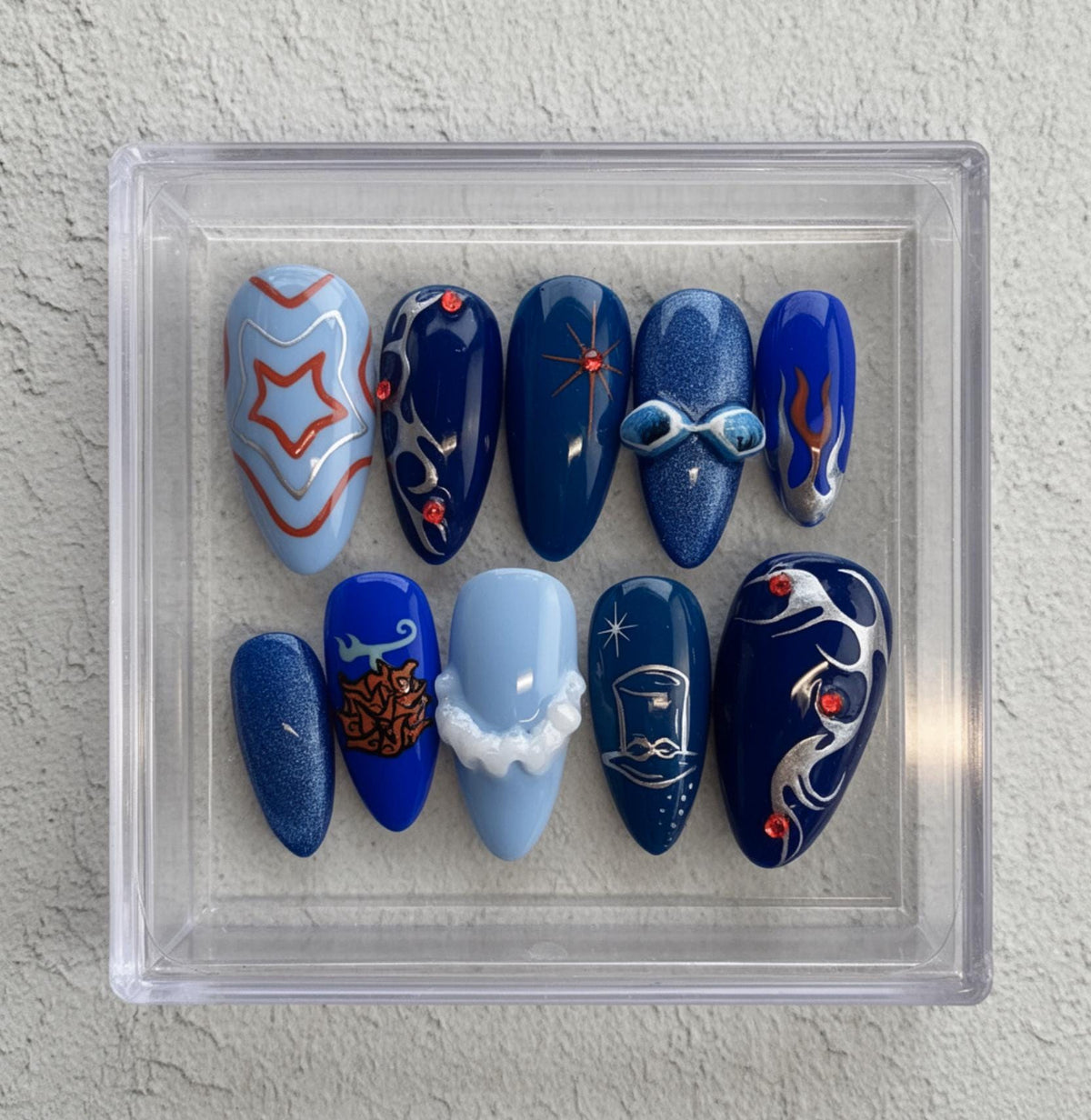 Sabo  Inspired press-on Nails; Blue Flame Nail Art.