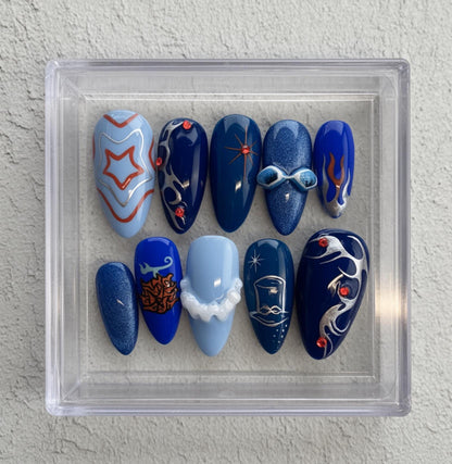 Sabo  Inspired press-on Nails; Blue Flame Nail Art.