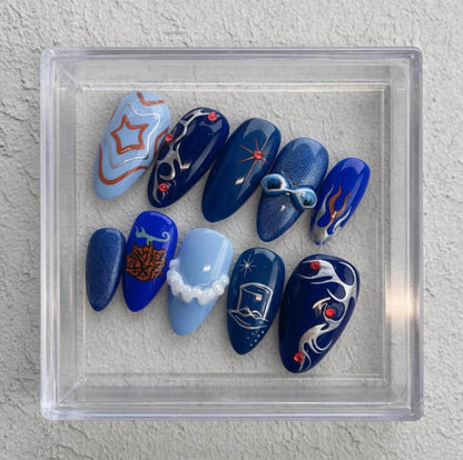 Sabo  Inspired press-on Nails; Blue Flame Nail Art.