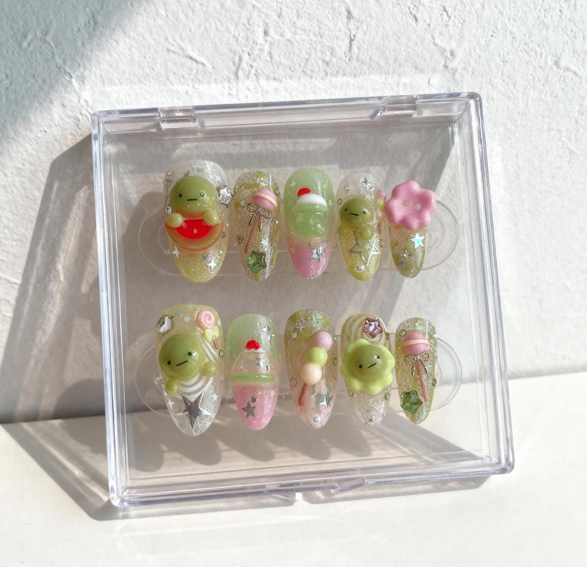 Smiski 3D Nails; Handmade Kawaii press-on Nails with Froggy, Candy and Glow Green Design.