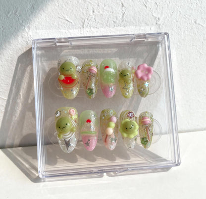 Smiski 3D Nails; Handmade Kawaii press-on Nails with Froggy, Candy and Glow Green Design.