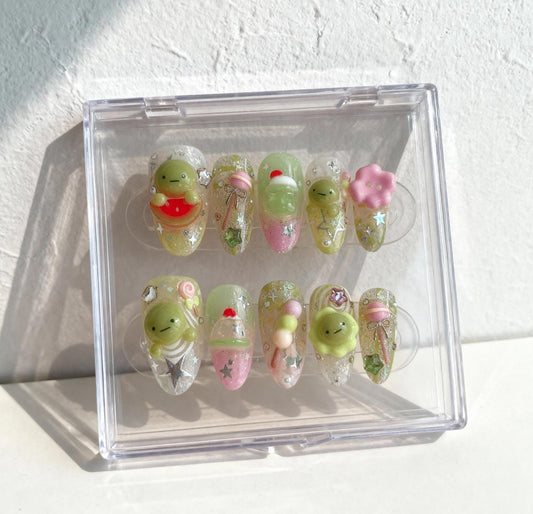 Smiski 3D Nails; Handmade Kawaii press-on Nails with Froggy, Candy and Glow Green Design.