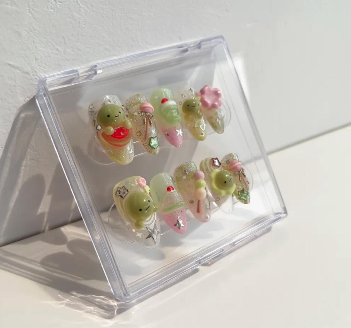 Smiski 3D Nails; Handmade Kawaii press-on Nails with Froggy, Candy and Glow Green Design.