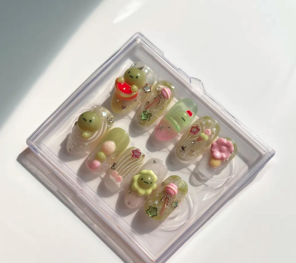 Smiski 3D Nails; Handmade Kawaii press-on Nails with Froggy, Candy and Glow Green Design.