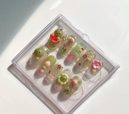 Smiski 3D Nails; Handmade Kawaii press-on Nails with Froggy, Candy and Glow Green Design.