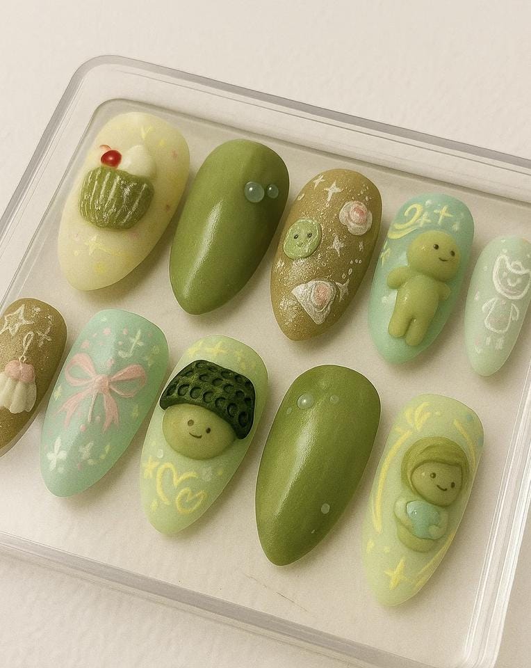Smiski Kawaii press-on Nails: 3D Characters, Kidcore Pastel Details.