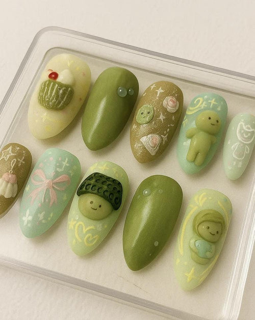 Smiski Kawaii press-on Nails: 3D Characters, Kidcore Pastel Details.