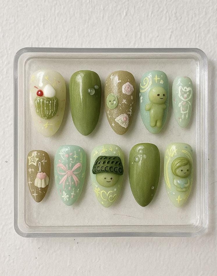 Smiski Kawaii press-on Nails: 3D Characters, Kidcore Pastel Details.